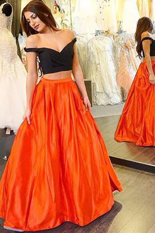 Simple Two Piece Satin Prom Dress Off Shoulder Party Dresses PG308 - Tirdress