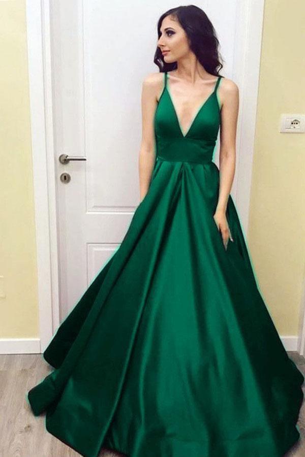 Simple V-Neck Floor-Length Satin Prom Dress with Pockets Tirdress Simple V-Neck Floor-Length Satin Prom Dress with Pockets Tirdress
