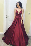 Simple V-Neck Floor-Length Satin Burgundy Prom Dress with Pockets PG485 - Tirdress