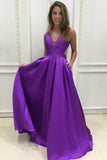 Simple V-Neck Sweep Train Grape Satin Prom Dresses Evening Dresses PG477