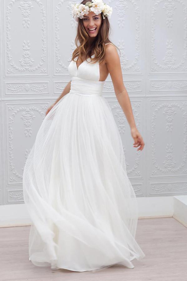 Simple V-neck Floor-Length Wedding Dress With Ruched Sash WD054 - Tirdress