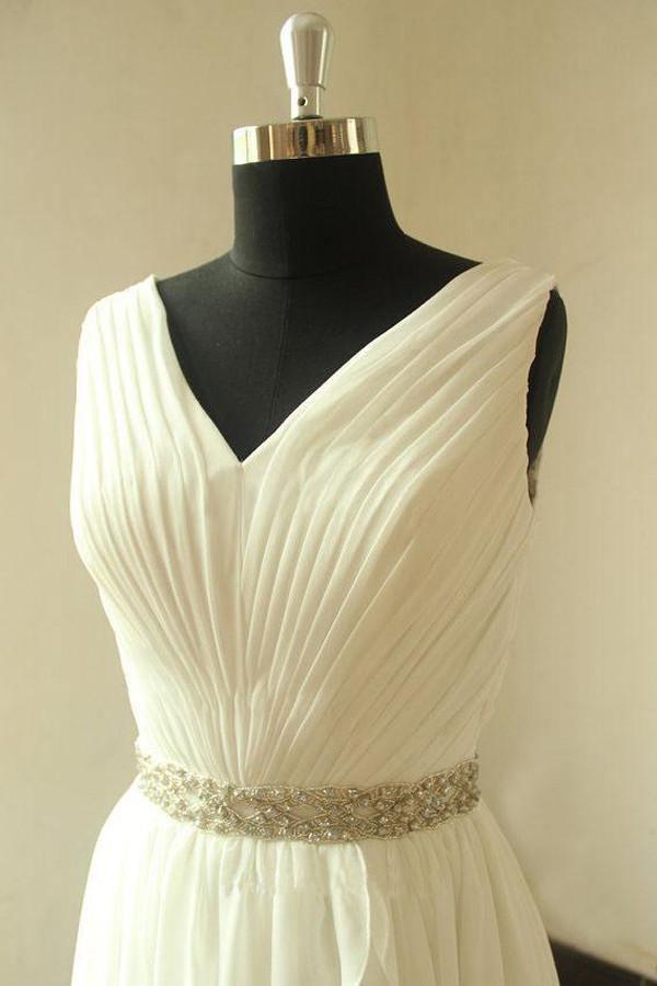 Simple V-neck Sleeveless Drop Pleated Beach Wedding Dresses WD066 - Tirdress