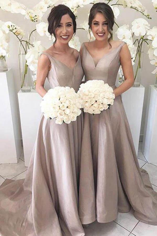 Simple V-neck Sleeveless High Low Sweep Train Silver Bridesmaid Dress BD061 - Tirdress