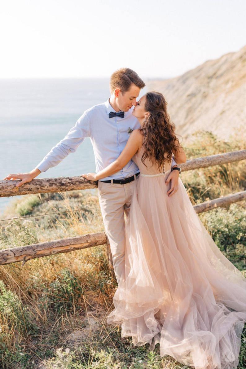 Simple V-neck Tulle Open Back Bridal Gown Beach Wedding Dress TN215 US8 / Pink Simple V-neck Tulle Open Back Bridal Gown Beach Wedding Dress TN215 US8 / Pink