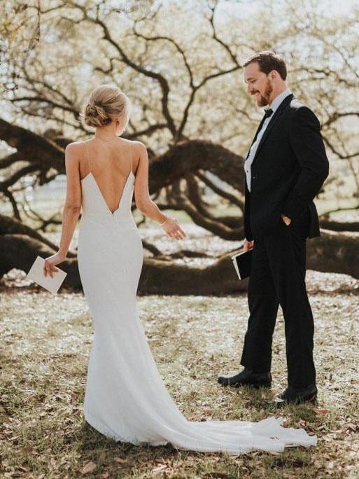 Simple Wedding Dresses Mermaid Spaghetti Straps Long Satin Bridal Gowns TN240 - Tirdress