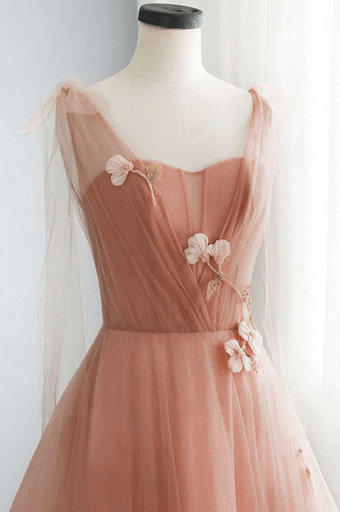 Simple v neck pink tulle long prom dress Pink tulle A line evening dress TP1131 - Tirdress