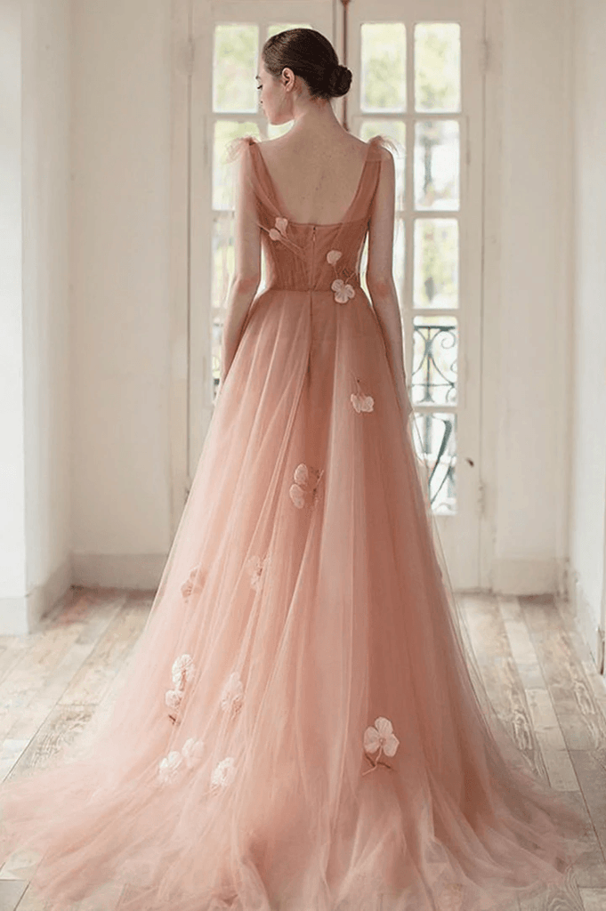 Simple v neck pink tulle long prom dress Pink tulle A line evening dress TP1131 - Tirdress