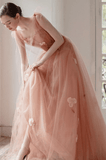 Simple v neck pink tulle long prom dress Pink tulle A line evening dress TP1131 - Tirdress