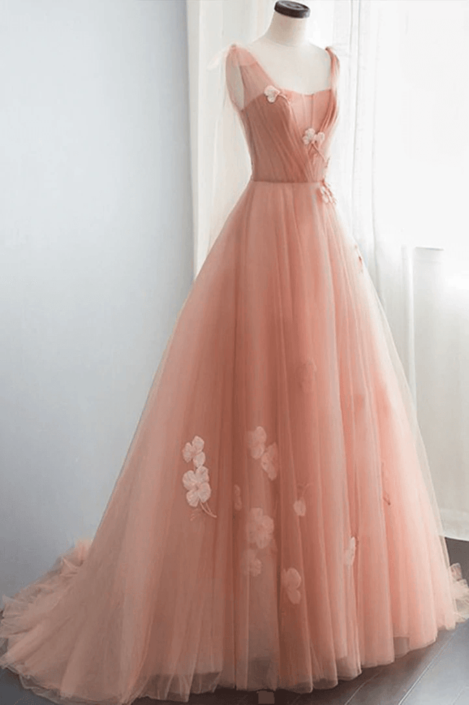 Simple v neck pink tulle long prom dress Pink tulle A line evening dress TP1131 - Tirdress