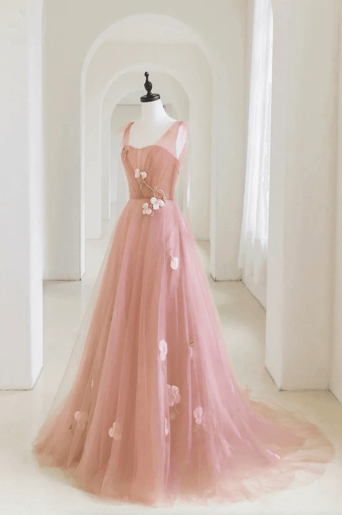 Simple v neck pink tulle long prom dress Pink tulle A line evening dress TP1131 - Tirdress