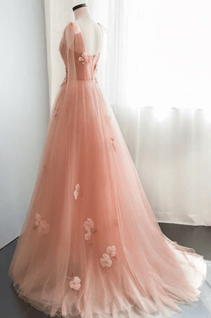 Simple v neck pink tulle long prom dress Pink tulle A line evening dress TP1131 - Tirdress