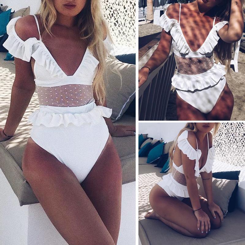One piece bodysuit female Deep v neck see through bikini playsuit B031 - Tirdress