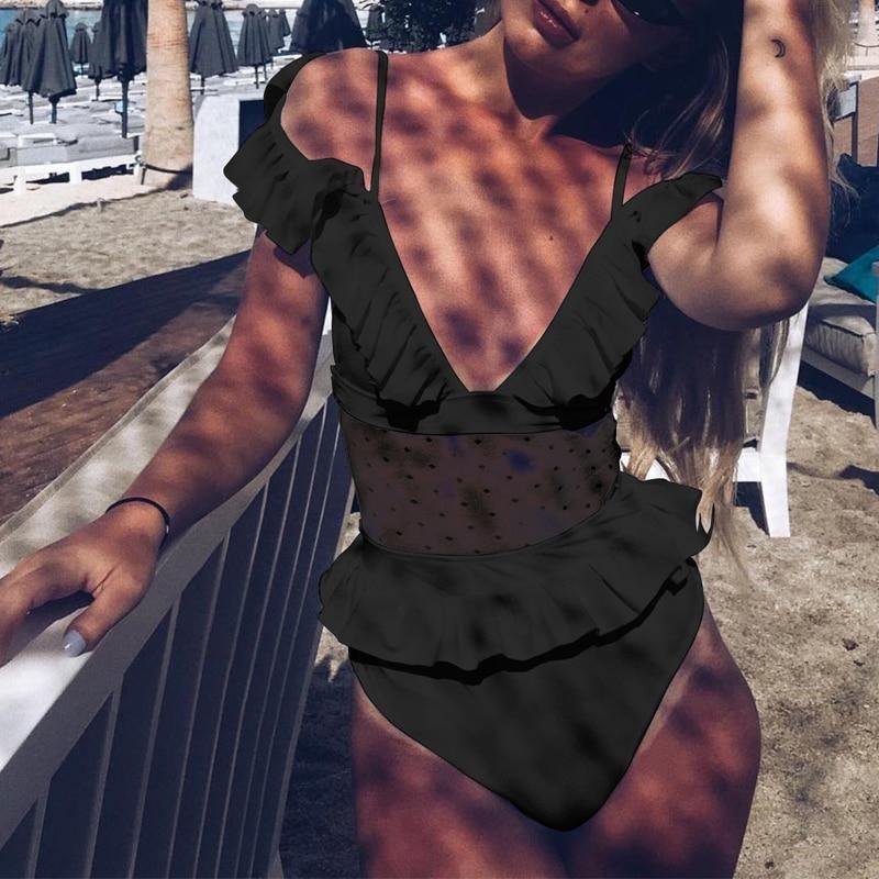 One piece bodysuit female Deep v neck see through bikini playsuit B031 - Tirdress