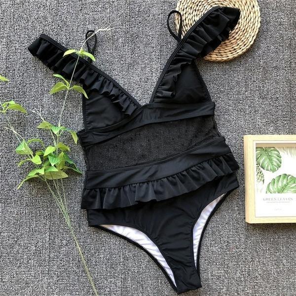 One piece bodysuit female Deep v neck see through bikini playsuit B031 - Tirdress