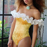 off shoulder one piece playsuit Ruffles velvet bathing yellow bodysuit - Tirdress