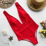 Red one piece women bodysuit Push up V neck bathing suit swimwear B015 - Tirdress