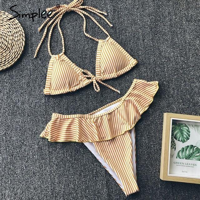 Simplee Striped ruffled bodysuits Triangle push up two piece beach playsuits Halter bikini sexy swimwear women summer bodysuit B014 - Tirdress