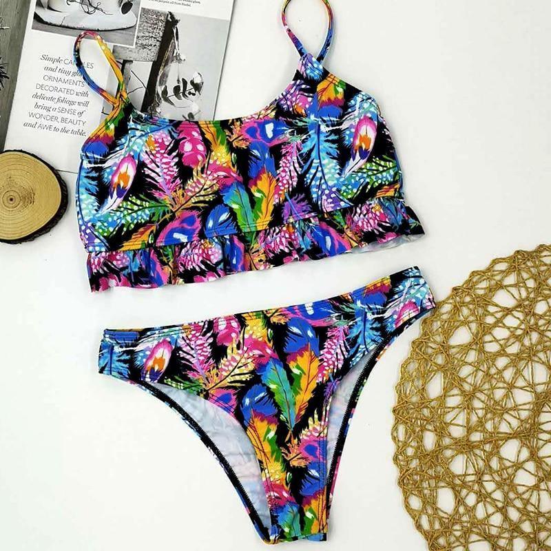 Simplee Tropical leaves print woman swimsuit separate two piece Bandeau bikini 2020 new Ruffle swimwear women suit biquinis - Tirdress