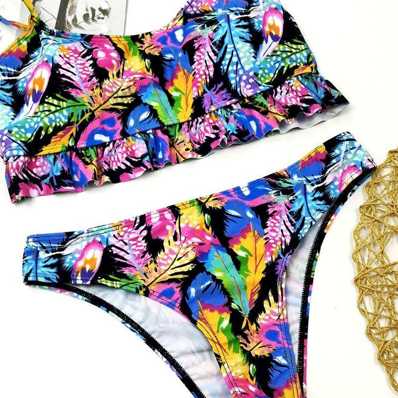 Simplee Tropical leaves print woman swimsuit separate two piece Bandeau bikini 2020 new Ruffle swimwear women suit biquinis - Tirdress