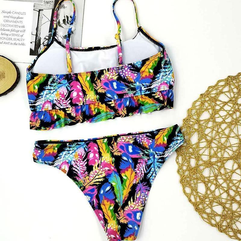 Simplee Tropical leaves print woman swimsuit separate two piece Bandeau bikini 2020 new Ruffle swimwear women suit biquinis - Tirdress