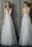 Simply V Neck White Tulle Long Prom Dress PG444 - Tirdress