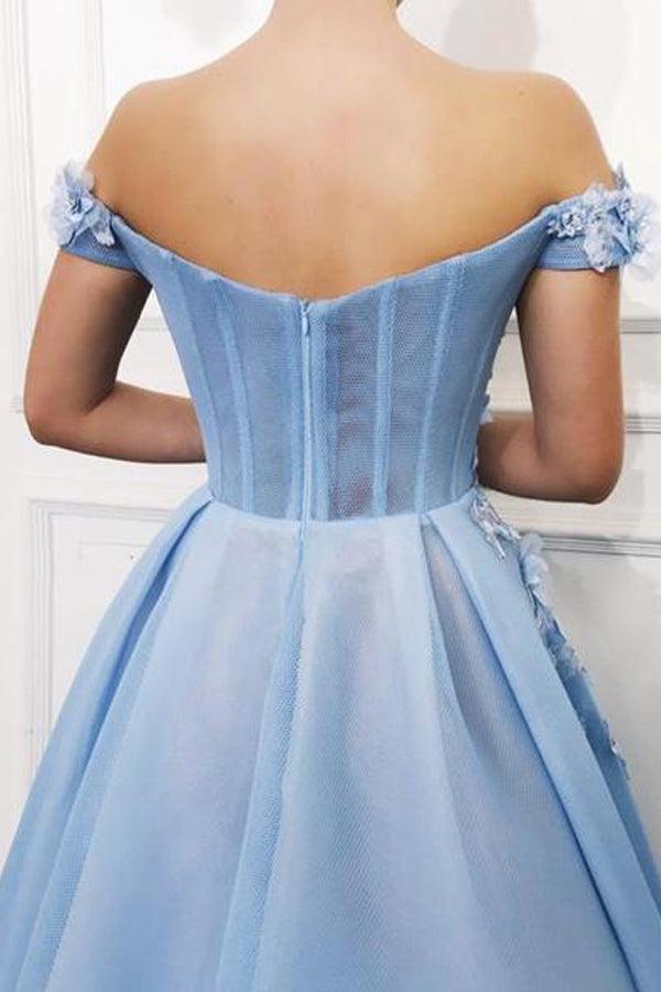 Blue Off Shoulder Flower Appliques A-line Long Modest Beautiful Prom Dresses TP0176 - Tirdress