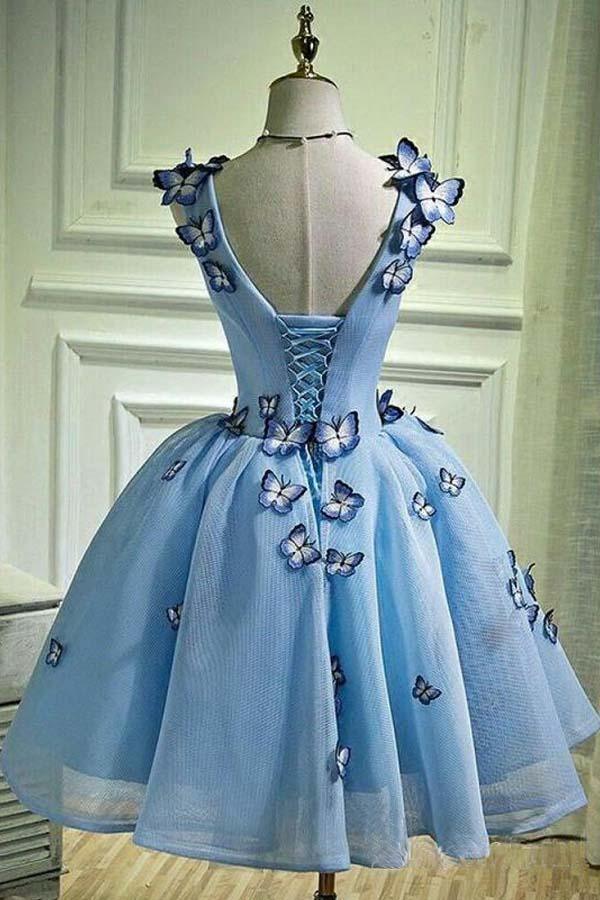 Sky Blue Homecoming Dresses Butterfly Applique Short Prom Dress HD0044 - Tirdress
