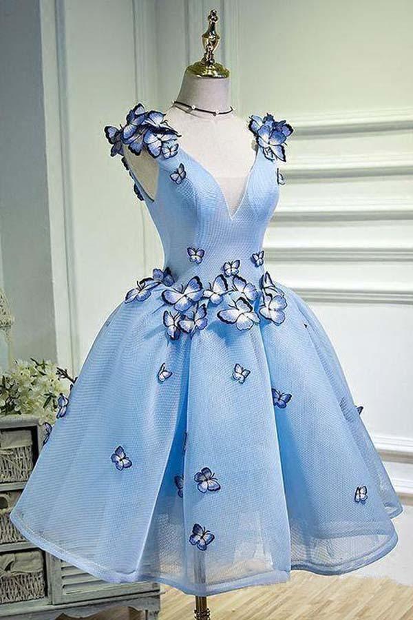 Sky Blue Homecoming Dresses Butterfly Applique Short Prom Dress HD0044 - Tirdress