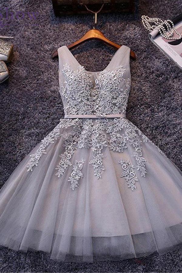 Sleeveless Lace-up Short Homecoming Dress Lace Appliques Tulle TR0022 - Tirdress