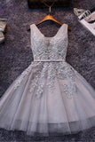 Sleeveless Lace-up Short Homecoming Dress Lace Appliques Tulle TR0022