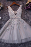 Sleeveless Lace-up Short Homecoming Dress Lace Appliques Tulle TR0022 - Tirdress