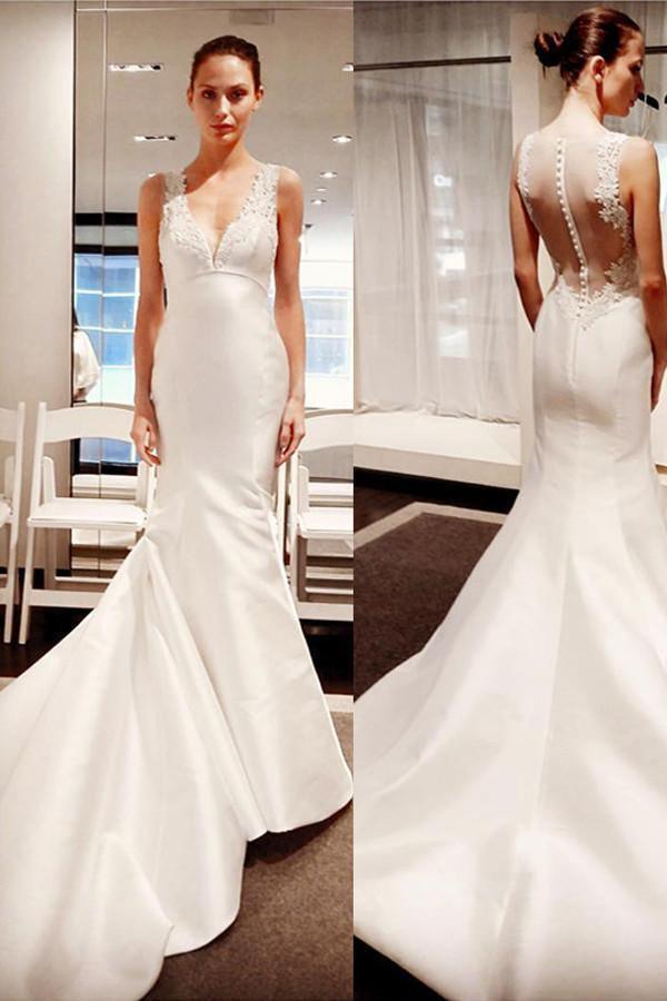 Sleeveless Button Mermaid Gorgeous V-Neck Lace Wedding Dress WD029 - Tirdress