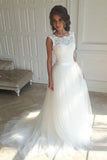 Ärmelloses Spitzen-Hochzeitskleid in A-Linie mit Schleppe und Spitze in Weiß WD096