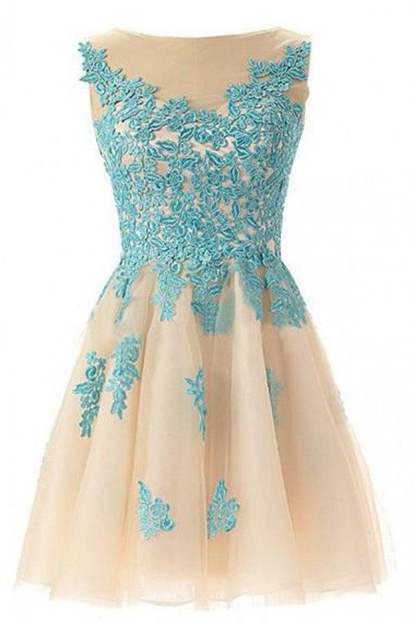 Open Back Light Champagne Homecoming Dress With Blue Appliques Tirdress Open Back Light Champagne Homecoming Dress With Blue Appliques Tirdress