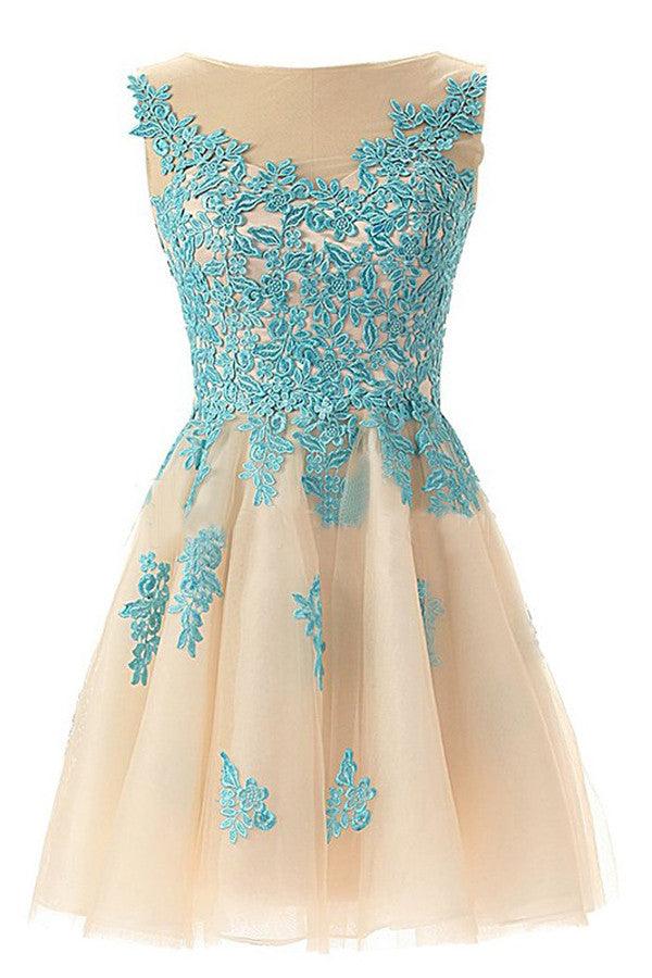 Open Back Light Champagne Homecoming Dress With Blue Appliques US10 / Custom Color Open Back Light Champagne Homecoming Dress With Blue Appliques US10 / Custom Color