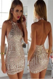 Sleeveless Open Back Tight Short Rose Gold Homecoming Dress with Sequins TR0055 - Tirdress
