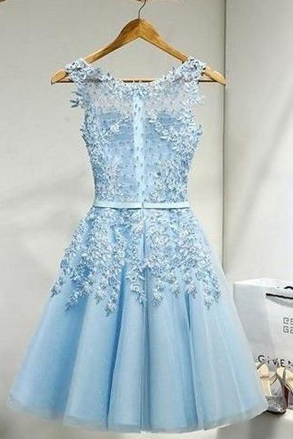 Sleeveless Tulle Homecoming Dress Short Prom Dress With Lace Appliques TR0219 - Tirdress