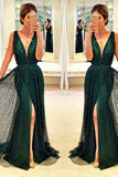 Sleeveless V-Neck Front-Split Sexy Dark-Green Prom Dress PG345