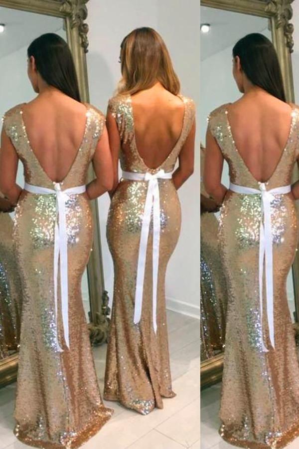 Floor-Length Sleeves Backless Gold Sequined Bridesmaid Dress With Sash US14 / As Picture Floor-Length Sleeves Backless Gold Sequined Bridesmaid Dress With Sash US14 / As Picture
