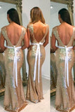 Sleeves Backless Gold Sequined Bridesmaid Dress With Sash TY0033 - Tirdress