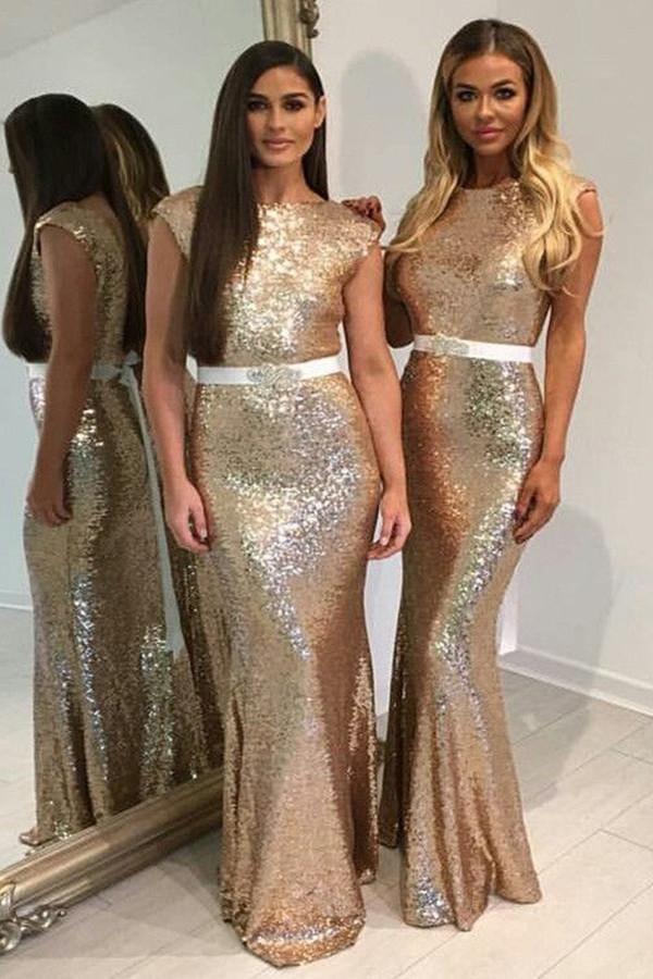 Floor-Length Sleeves Backless Gold Sequined Bridesmaid Dress With Sash US14 / As Picture Floor-Length Sleeves Backless Gold Sequined Bridesmaid Dress With Sash US14 / As Picture
