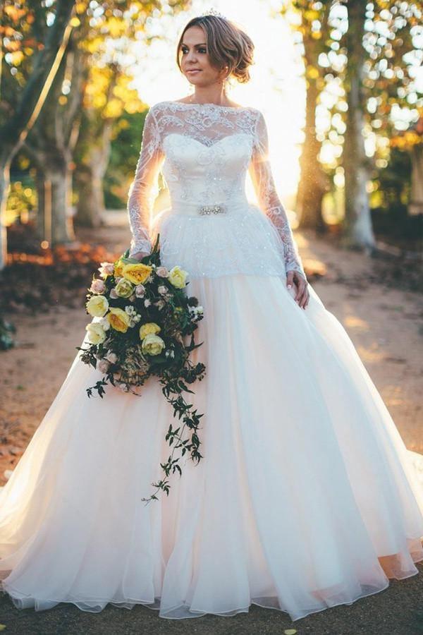 Long Sleeves Ball Gown Organza Wedding Dress With Beading Lace Tirdress
