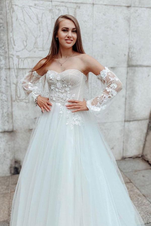 Sweetheart A-line Lace Detachable Sleeves Lace Wedding Dress TN287 US18 / White Sweetheart A-line Lace Detachable Sleeves Lace Wedding Dress TN287 US18 / White