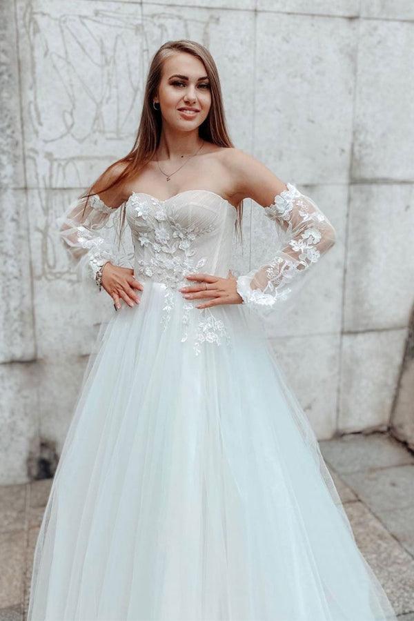 Gorgeous Long Sleeve Wedding Dress With Detachable Skirt - Bridelily