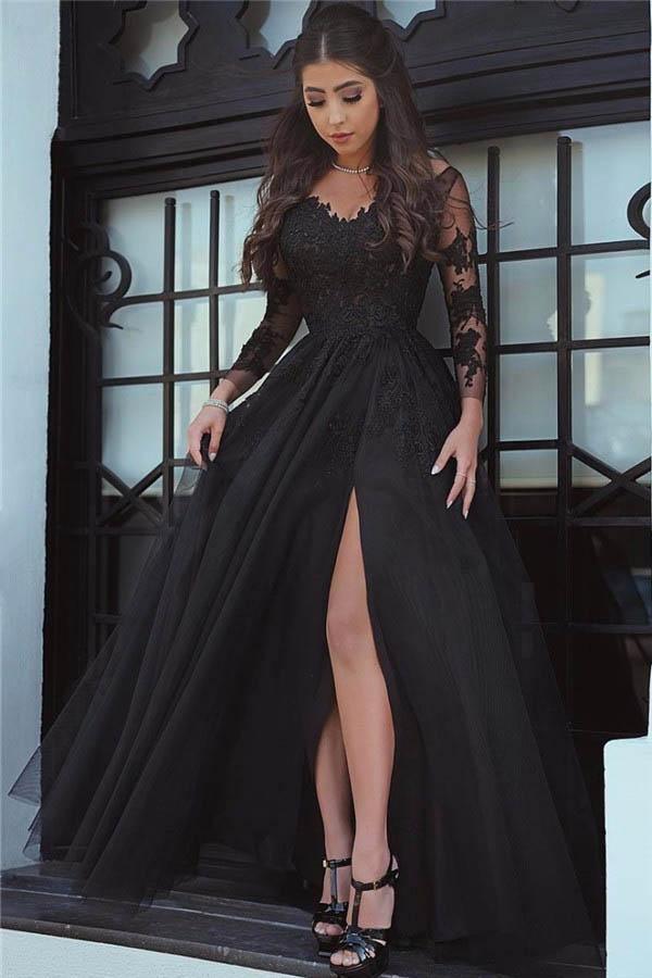 Slit Glamorous Lace Black Long-Sleeve Evening Dress Prom Dress PG431 - Tirdress