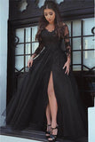 Slit Glamorous Lace Black Long-Sleeve Evening Dress Prom Dress PG431 - Tirdress