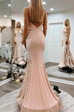 Spaghetti Straps Appliques Mermaid Blush Pink Prom Evening Dress TP1213 - Tirdress