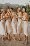 Spaghetti Straps Satin Tea Length Champagne Bridesmaid Dress  TY0032