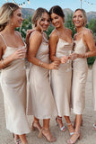 Spaghetti Straps Satin Tea Length Champagne Bridesmaid Dress TY0032 - Tirdress