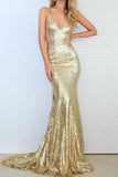 Spaghetti Straps Sweep Train Criss-Cross Straps Gold Sequined Prom Dress TP0064